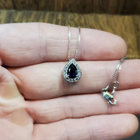 18 Inch 925 Sterling Silver Blue And Clear Sapphire Pendant Necklace - Picture 3 of 9